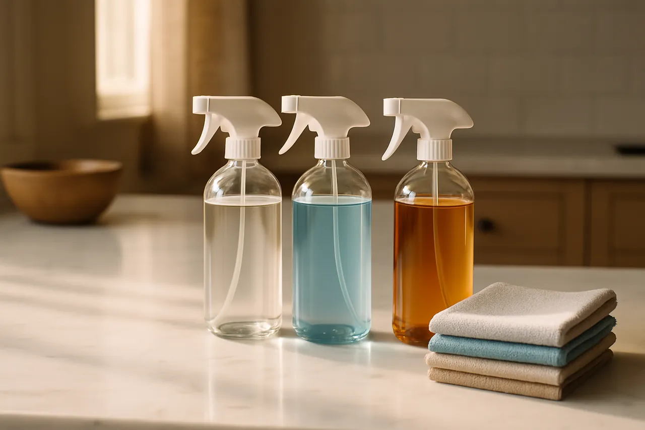 Cleaning spray bottles and folded microfiber cloths on a counter