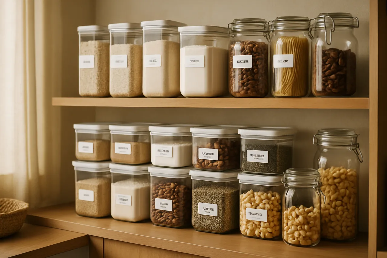 Organized pantry with labelled containers and glass jars