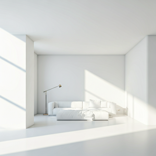 Bright, airy modern living room with pristine white surfaces