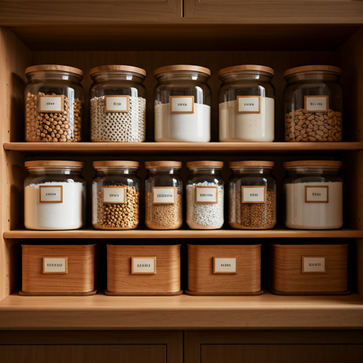 Organized kitchen pantry with glass jars