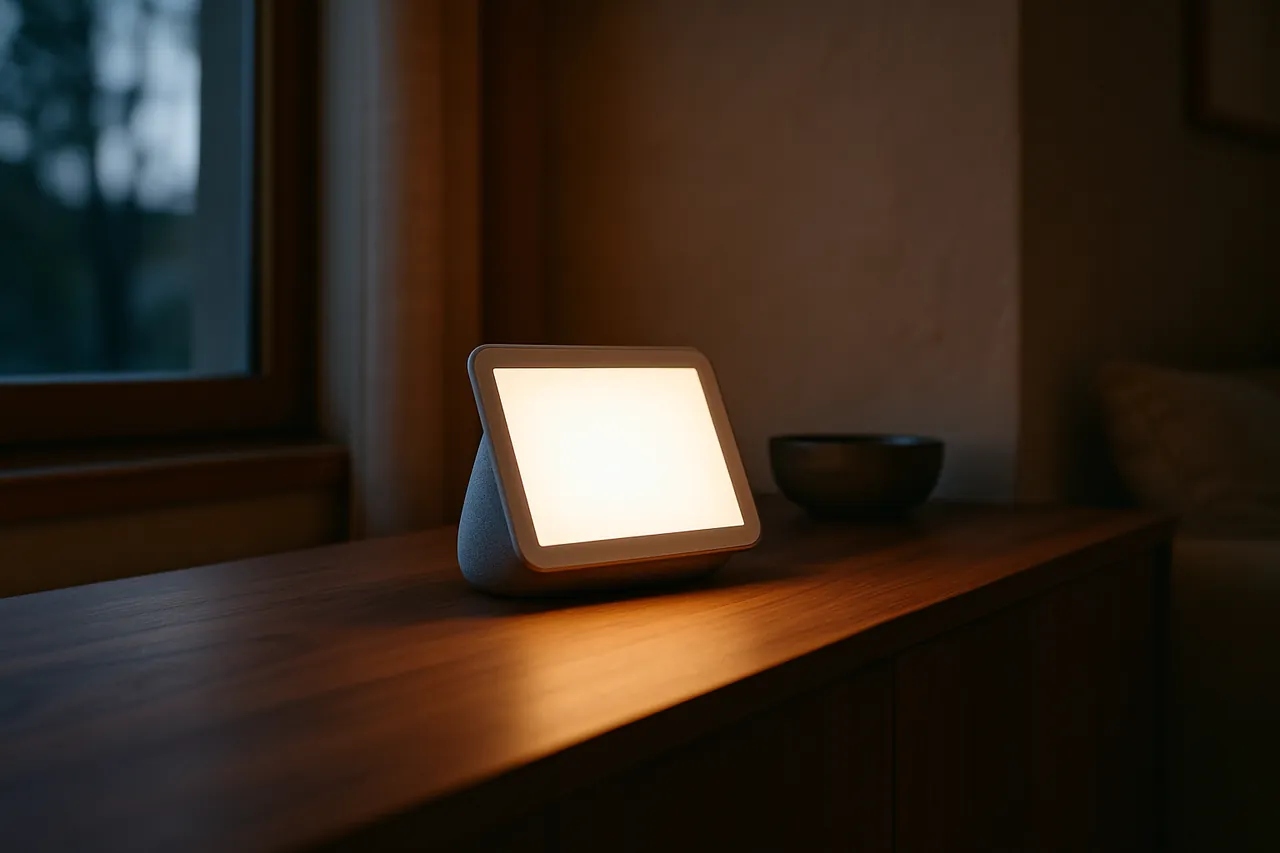 Smart home hub glowing on a console table