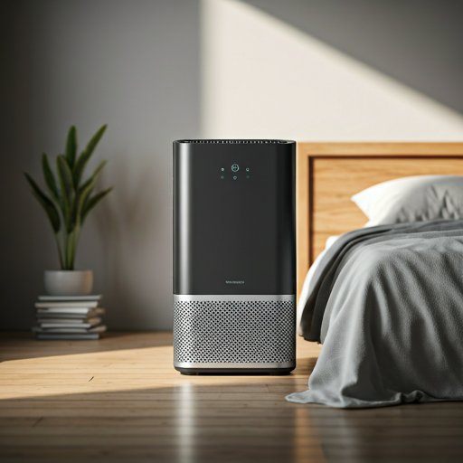 Modern air purifier in a sunlit bedroom