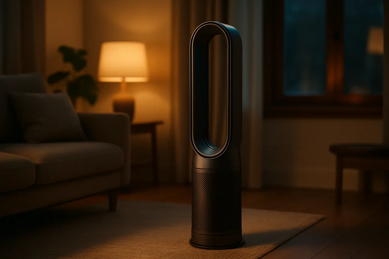 Modern air purifier in a sunlit bedroom